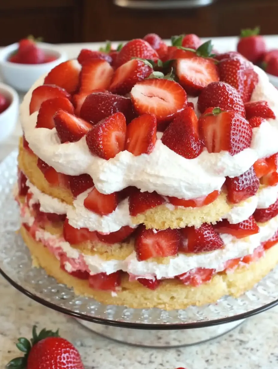 A large cake with strawberries on top.