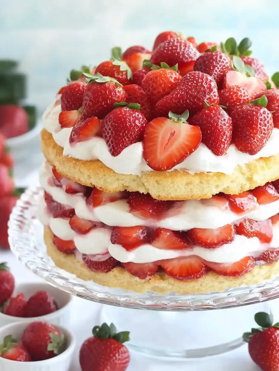 A large strawberry cake with white frosting and strawberries on top.