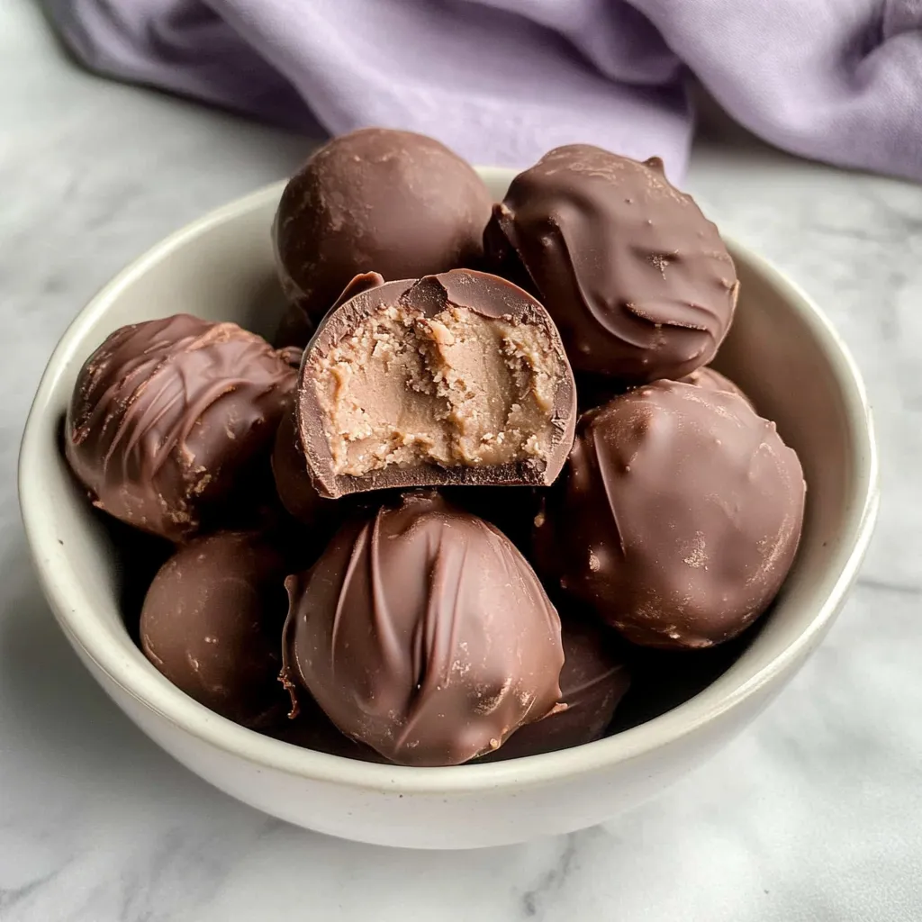 A bowl of chocolate balls with a peanut butter filling.