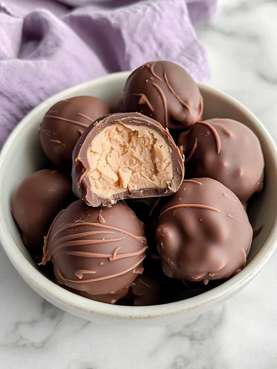 A bowl of chocolate candies with a creamy filling.