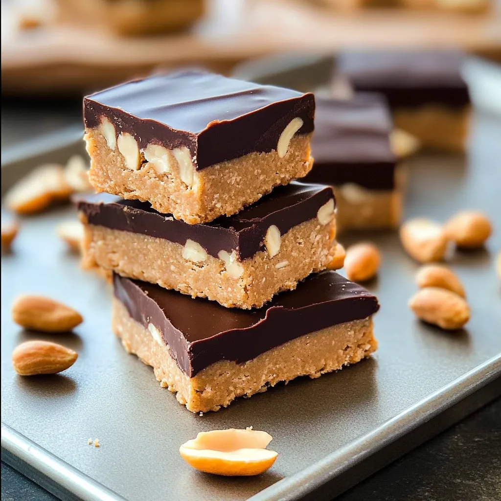 A close up of a delicious chocolate and peanut butter bar.