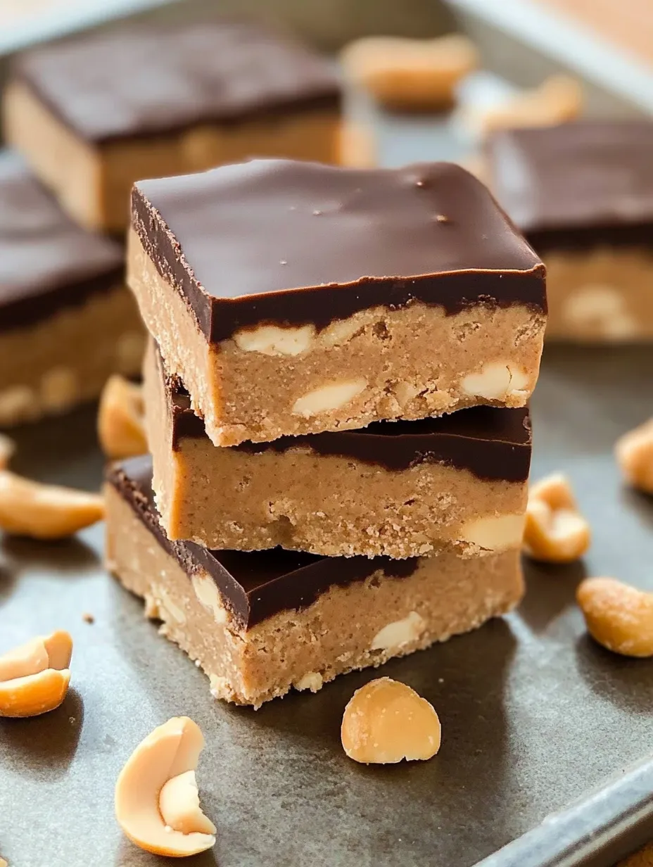 A close-up of a delicious chocolate and peanut butter bar.