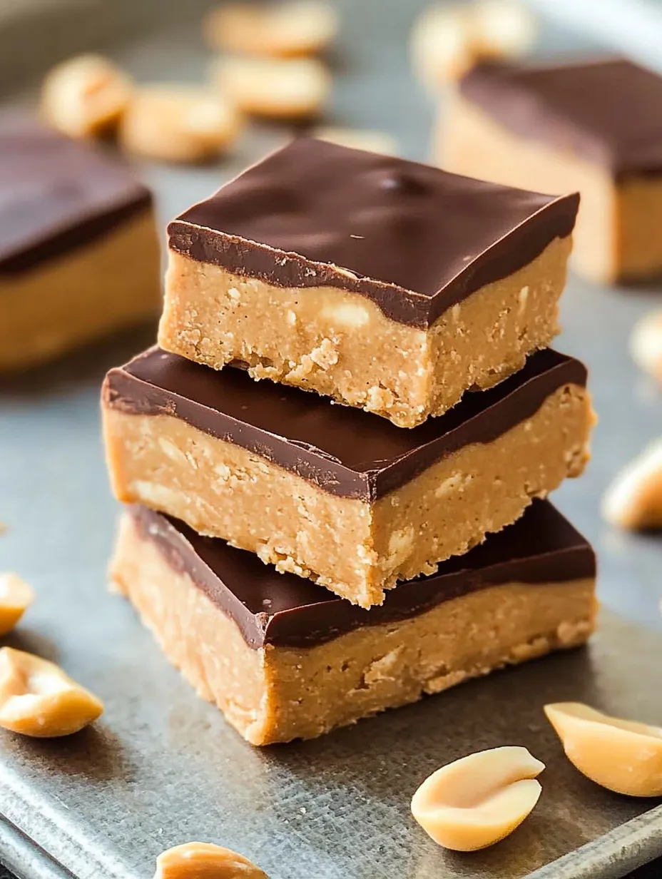 A stack of three chocolate and peanut butter bars.