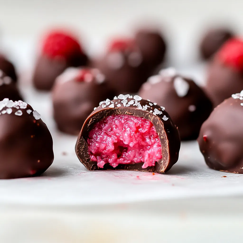 A plate of chocolate balls with pink filling.