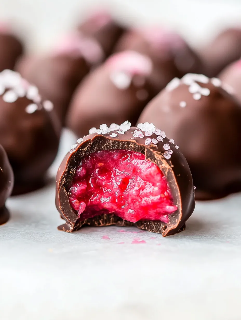 A chocolate ball with a red fruit inside, possibly a cherry or a strawberry.