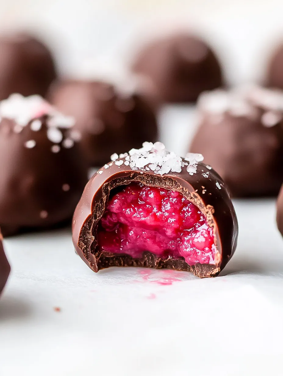 A chocolate ball with a red berry inside.