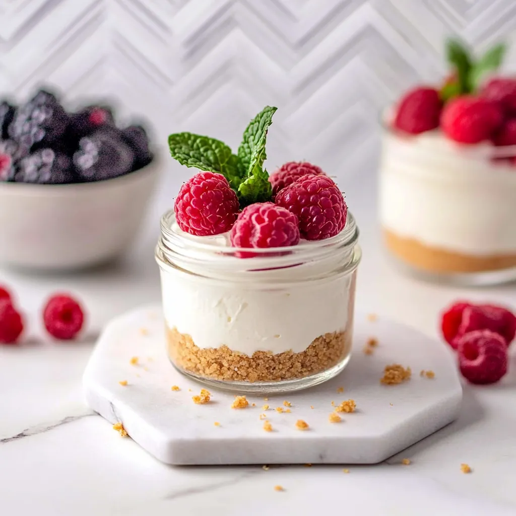 A small glass jar of raspberries with mint leaves on top.