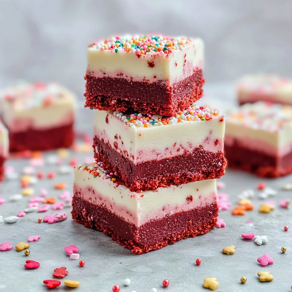 A stack of red velvet cake with white frosting and sprinkles.