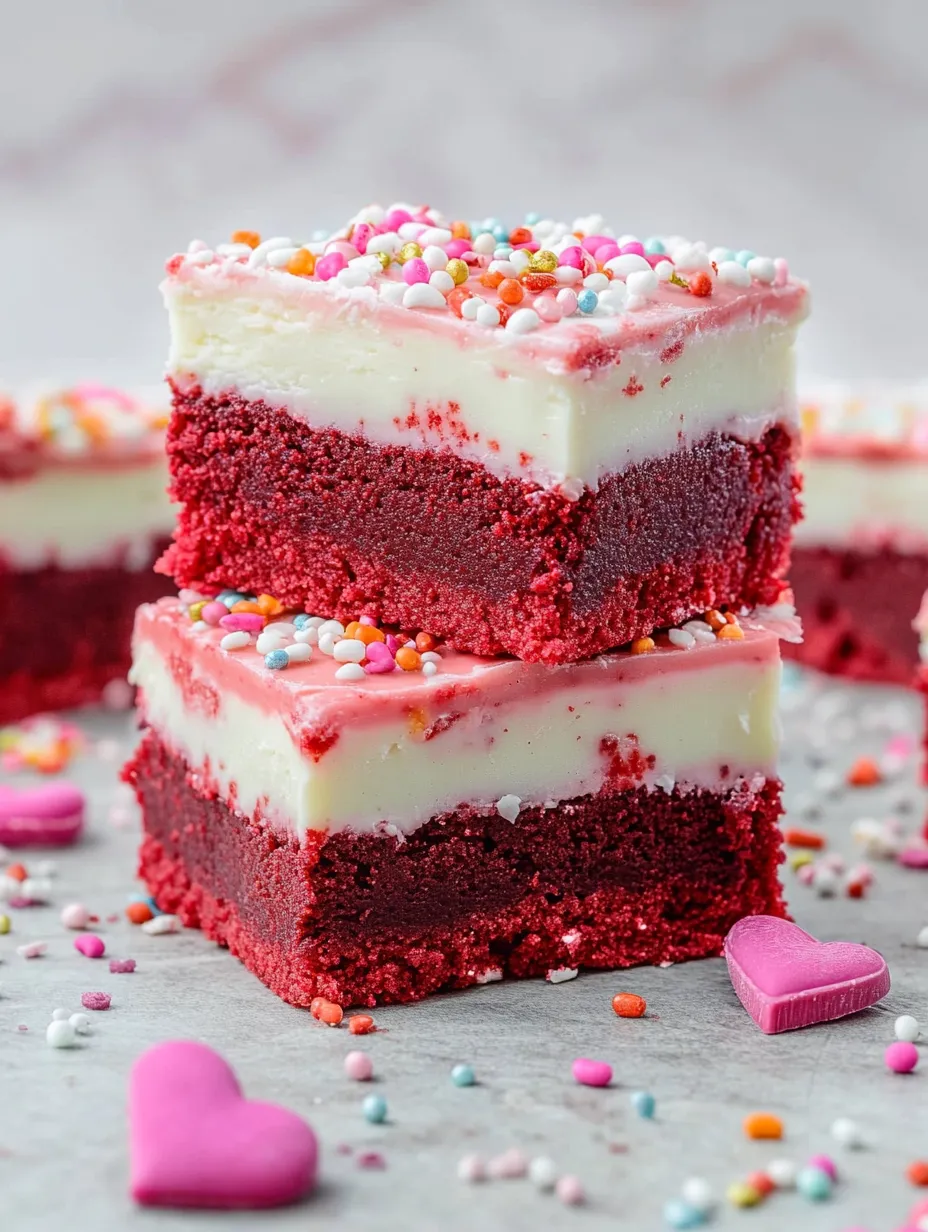 A square of red velvet cake with white frosting and sprinkles.