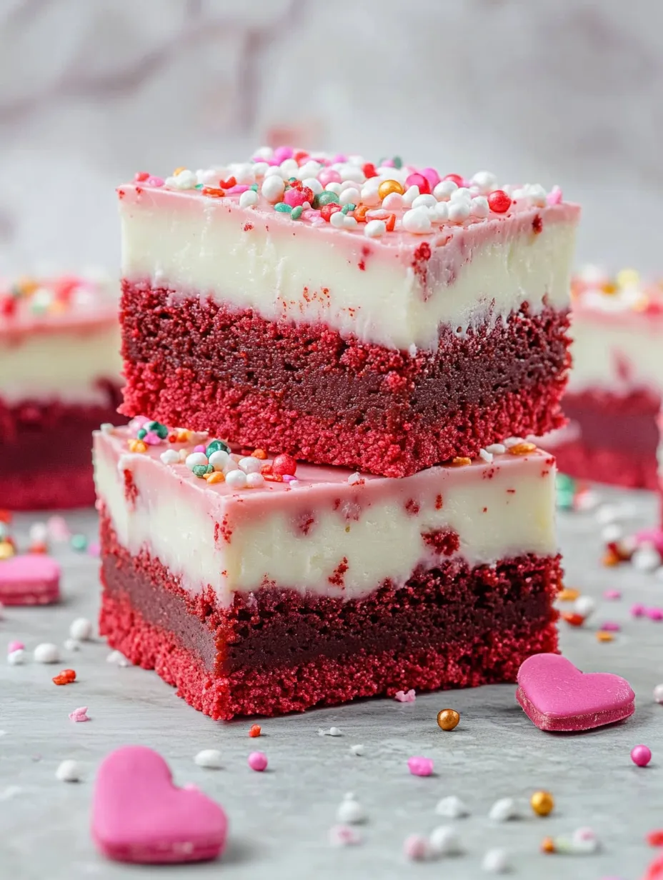 A red and white cake with sprinkles on top.