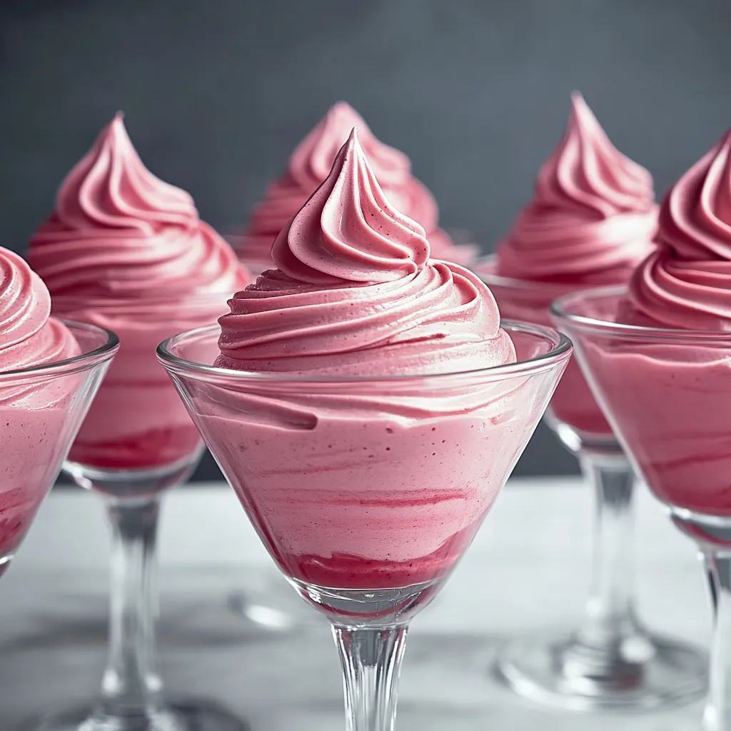 Pink desserts in glasses on a table.