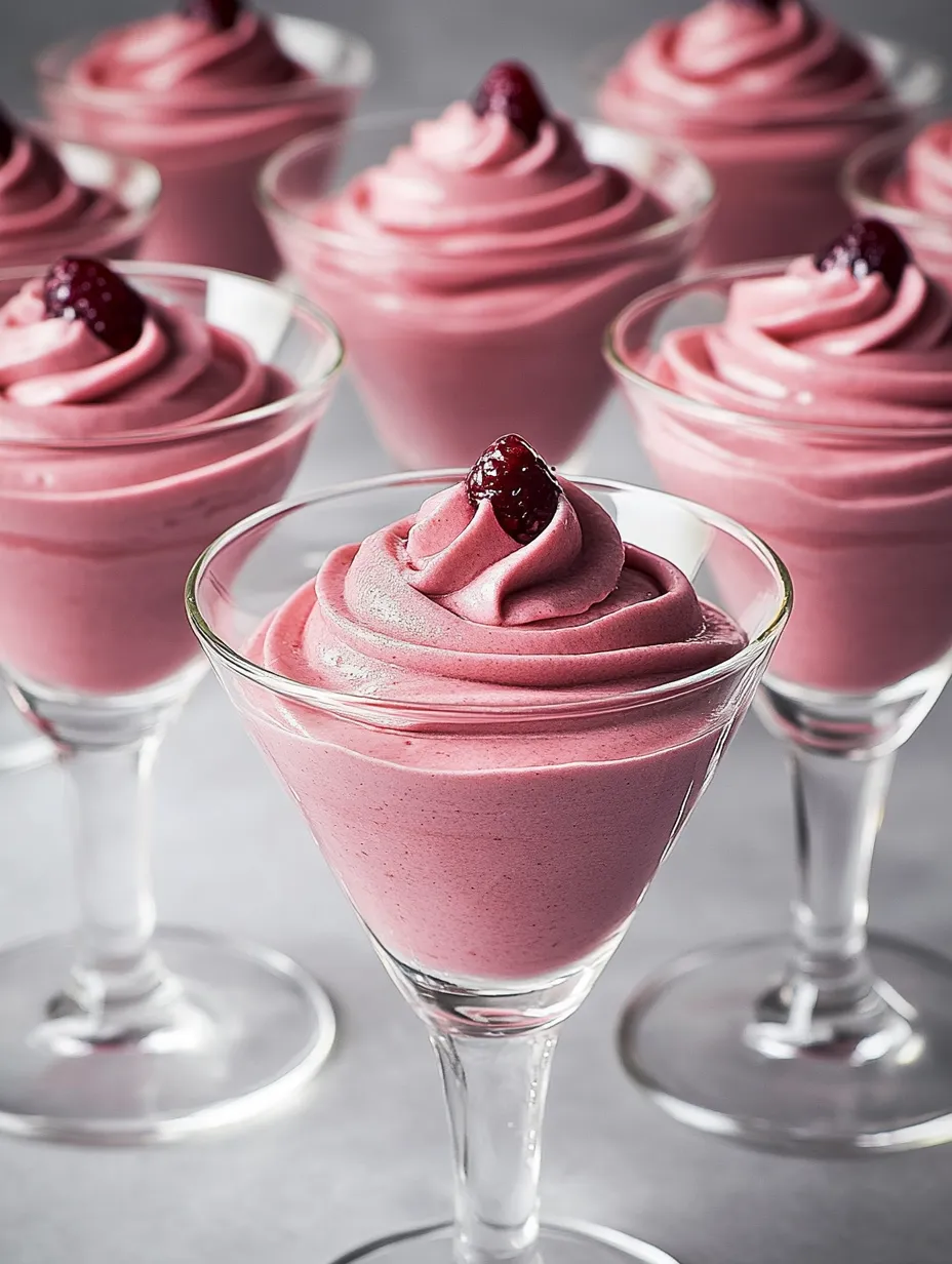 A glass of pink dessert with a cherry on top.