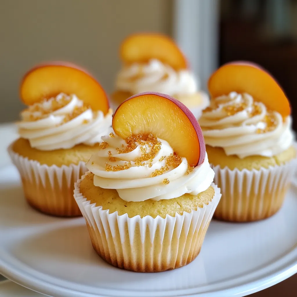 A plate with three cupcakes with peaches on top.