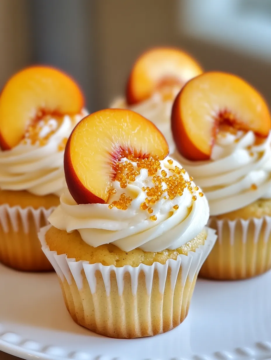 Peach cupcakes with white frosting and peach slices on top.