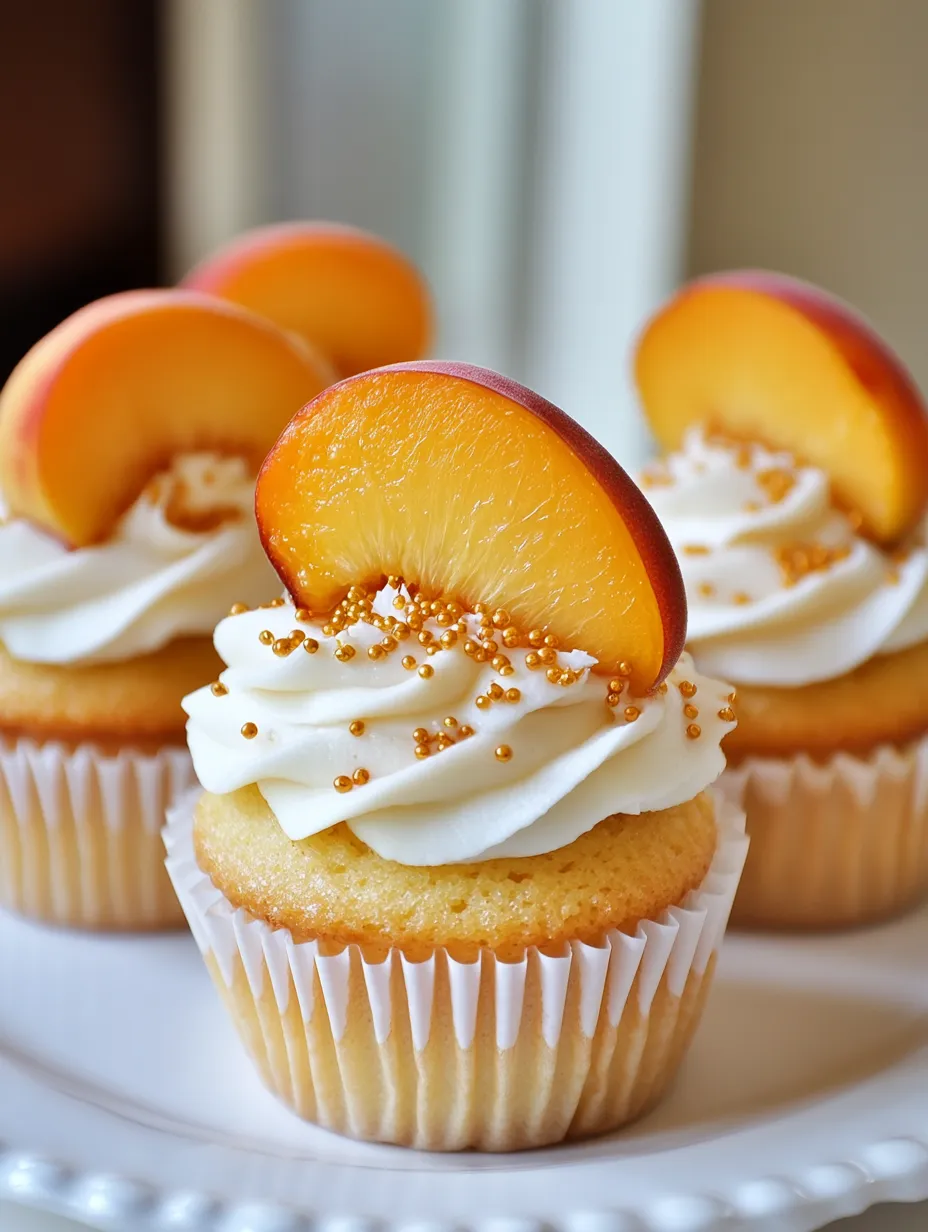 Three cupcakes with peaches on top.