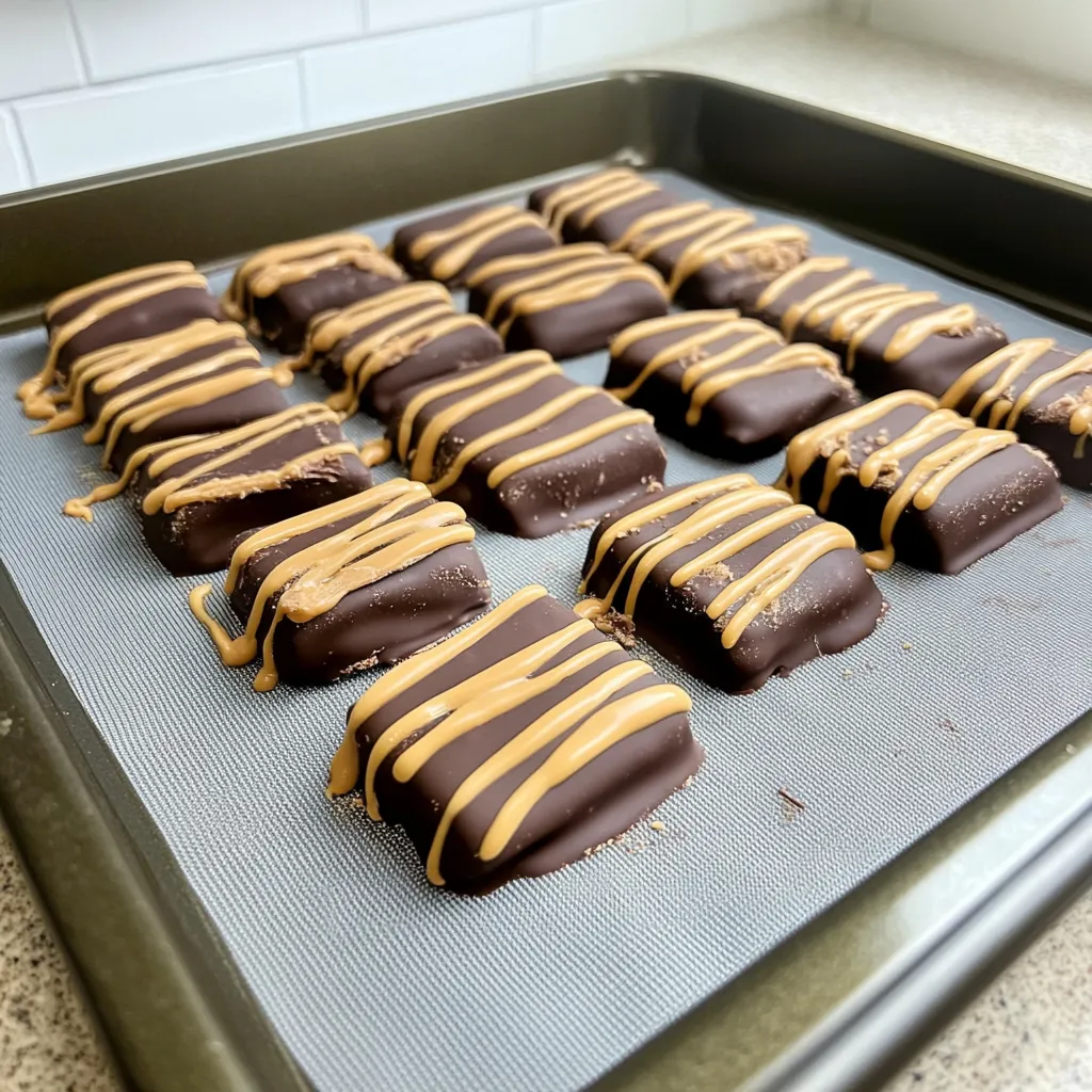 A pan of chocolate candies with peanut butter stripes.