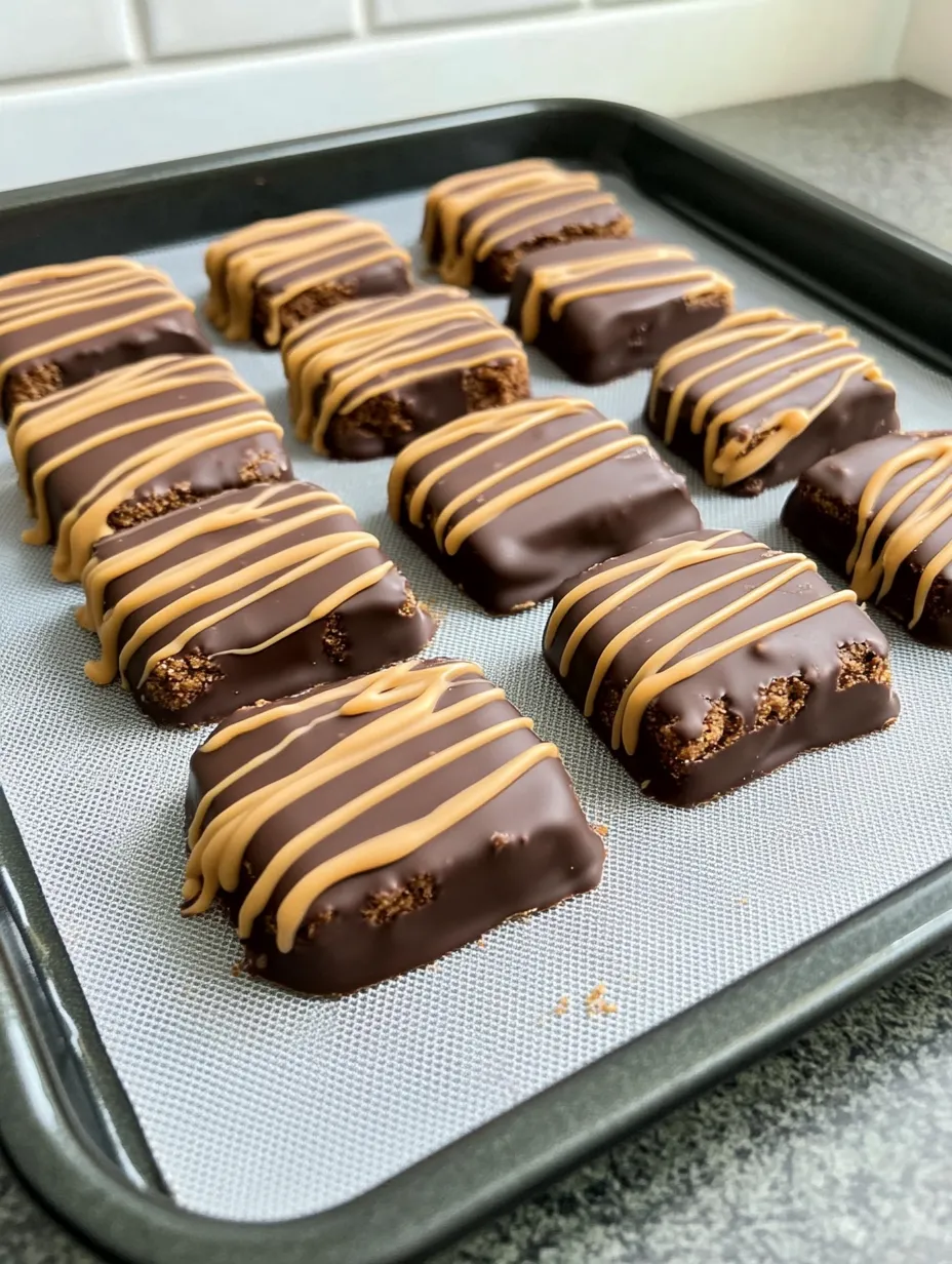 A tray of chocolate and peanut butter bars with stripes of peanut butter and chocolate.