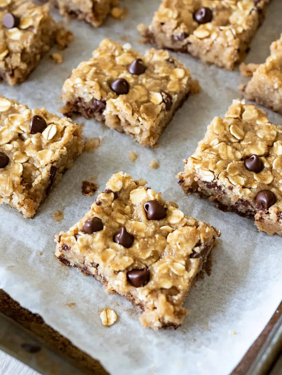 A square of chocolate chip and peanut butter cookie on a white tray.