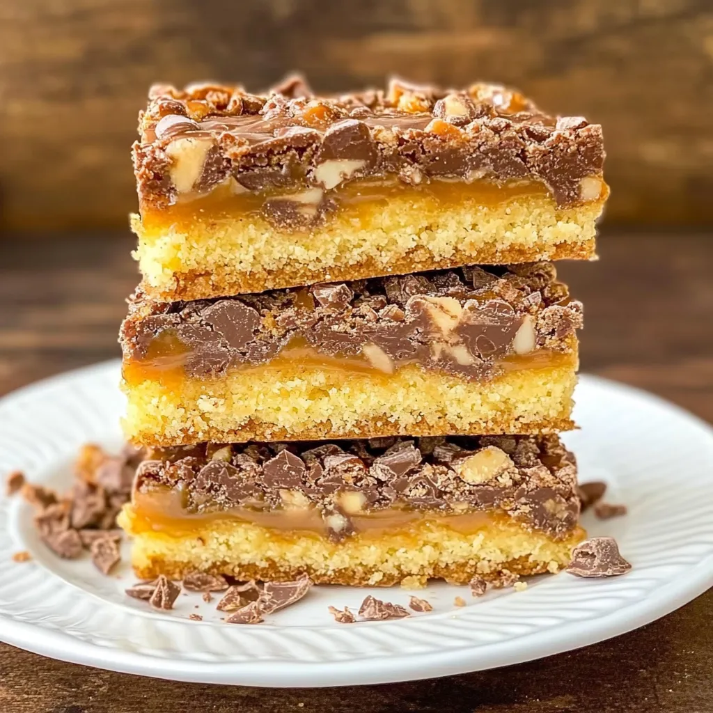 A stack of three chocolate and caramel bars on a white plate.