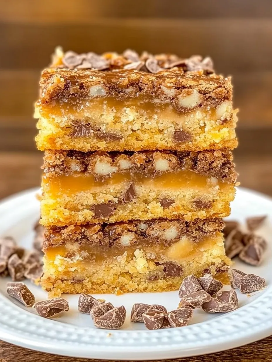 A stack of three cake bars with chocolate chips on top.