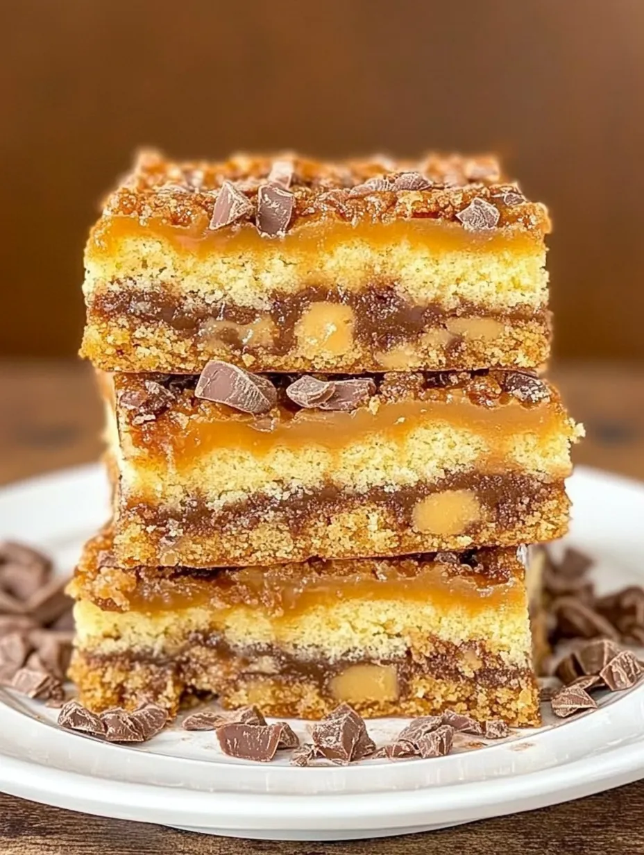 A stack of three layers of cake with caramel frosting.