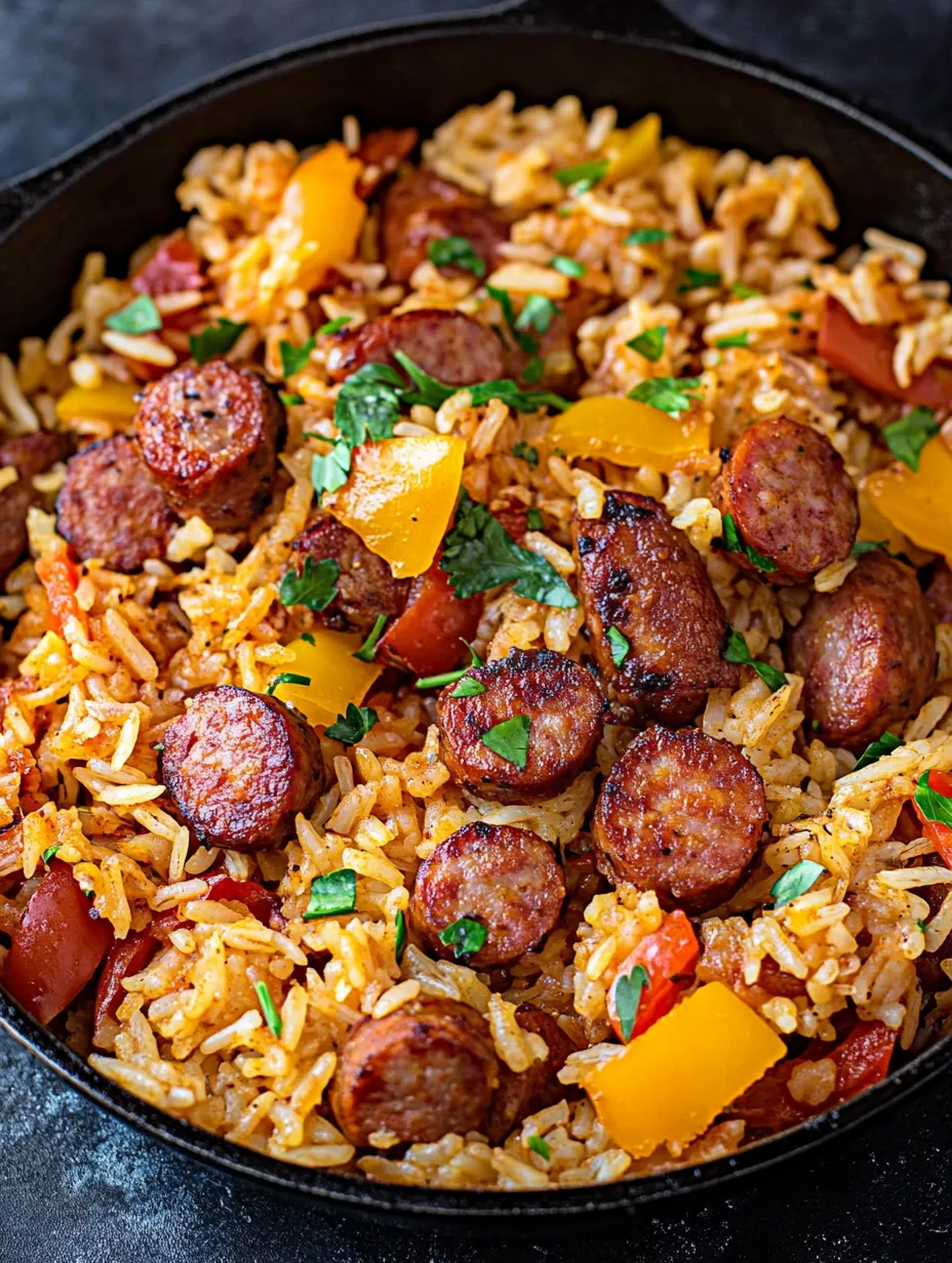 A bowl of rice with sausage and peppers.