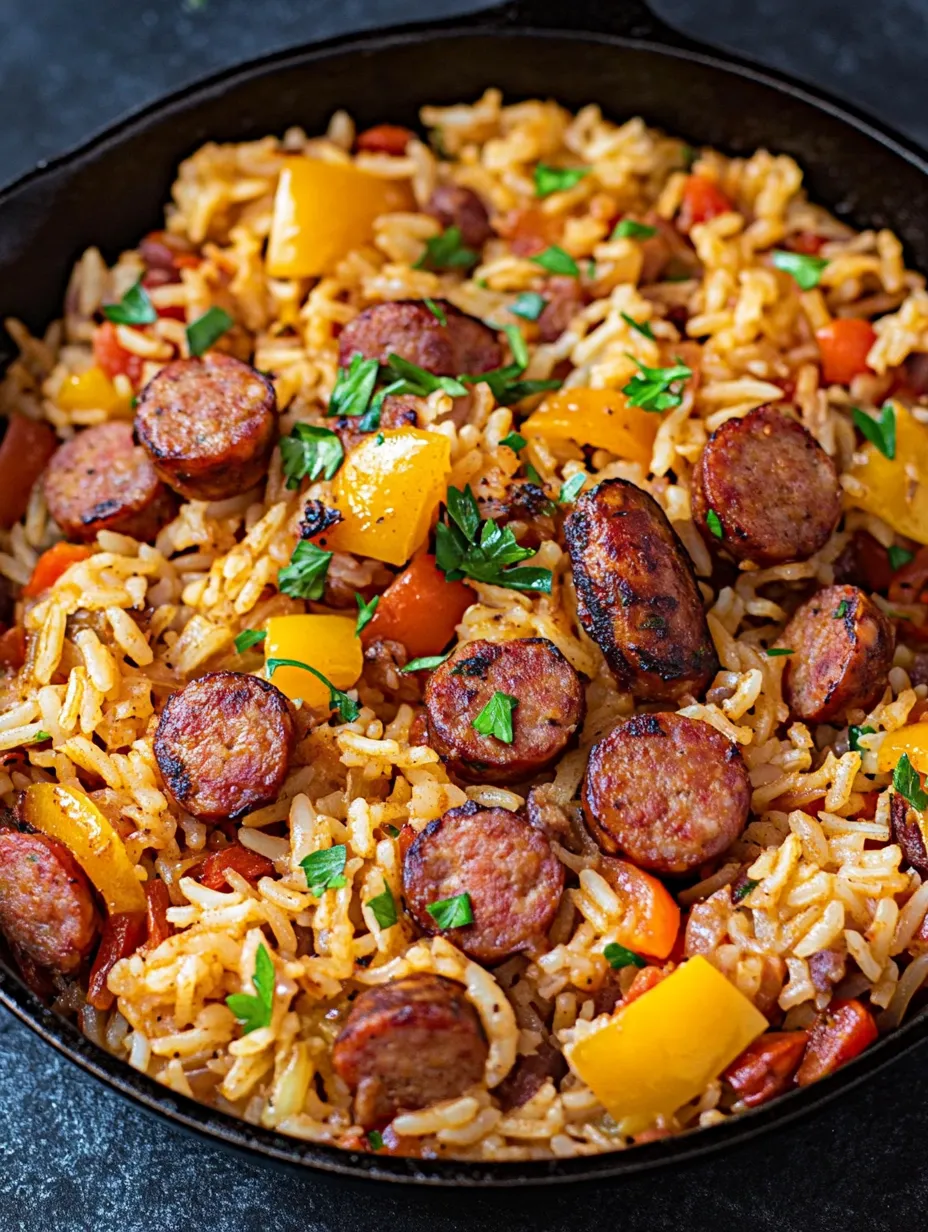 A delicious meal of rice and sausage with a variety of vegetables.