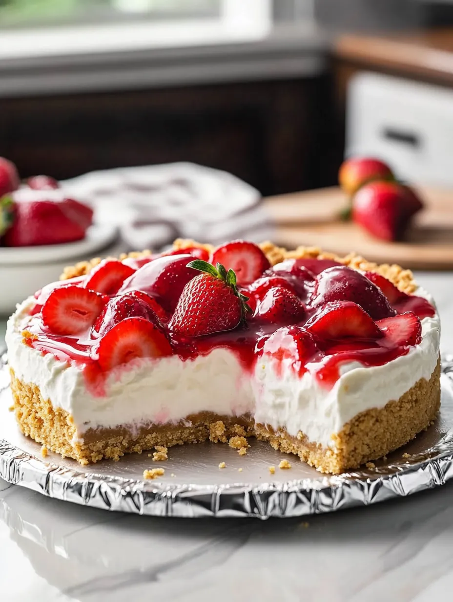 A slice of strawberry cheesecake with strawberries on top.