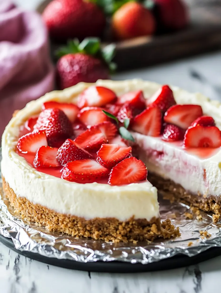 A slice of strawberry cheesecake with strawberries on top.