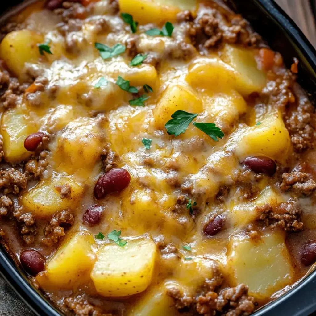 A bowl of chili with cheese and potatoes.