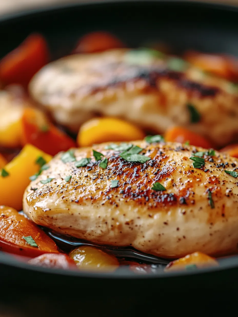 A delicious meal of chicken and vegetables, including carrots and peppers, cooked in a pan.