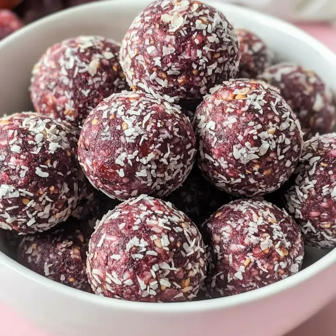 A bowl full of red balls with white topping.