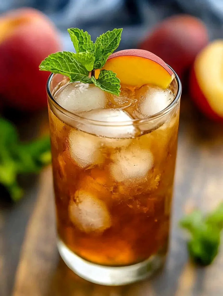 A glass of iced tea with a mint garnish and a slice of apple.