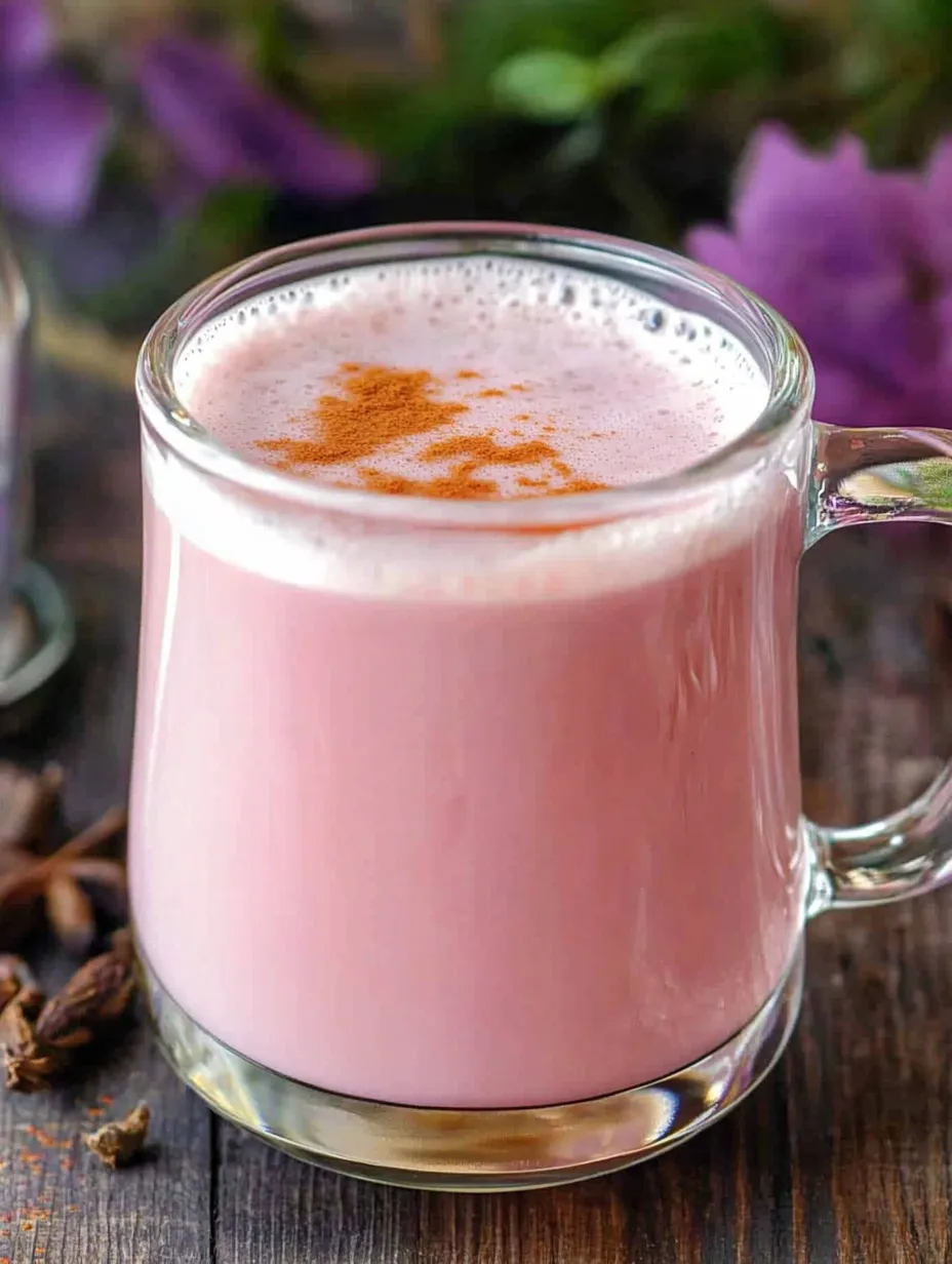 A glass of pink drink with orange spices on top.