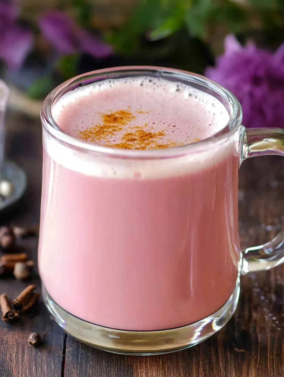 A glass of pink liquid with a spoon in it.