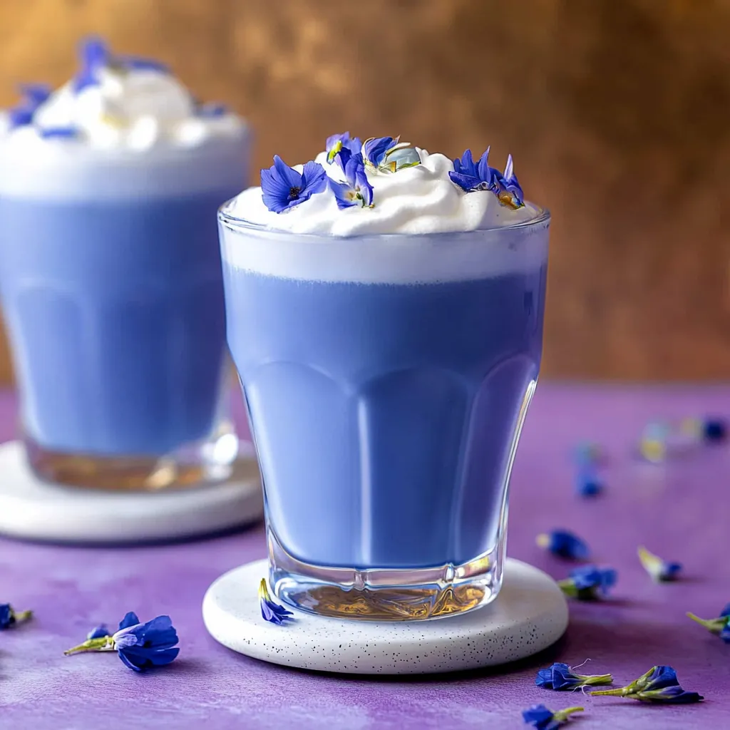 Two glasses of blue milk with blue flowers on top.