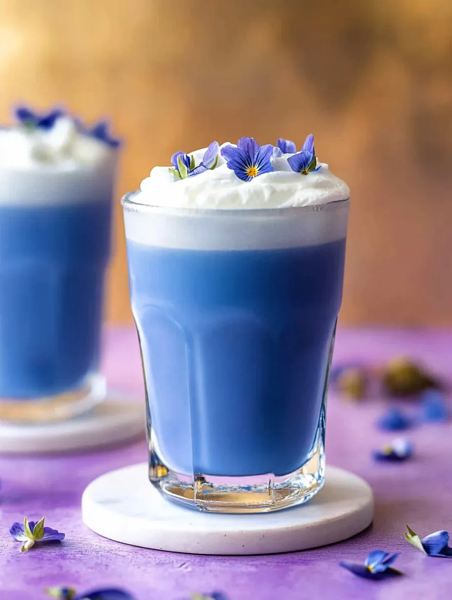 A glass of blue liquid with a flower on top.