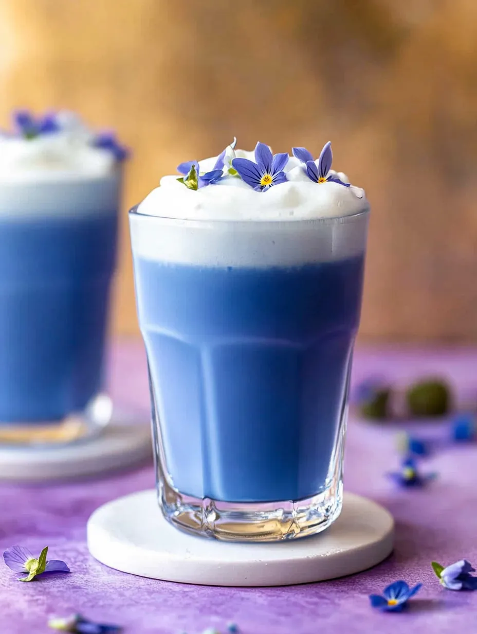 A glass of blue drink with purple flowers on top.