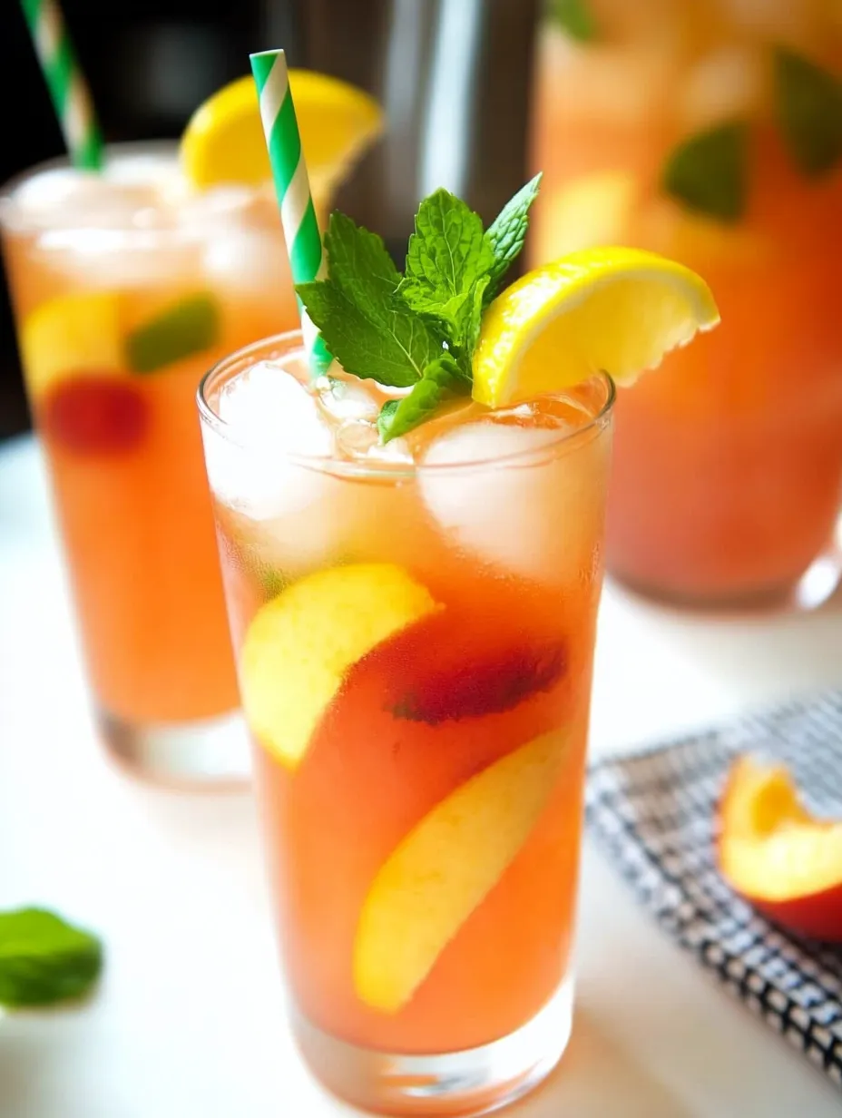 A glass of fruit juice with a green straw and a slice of lemon.