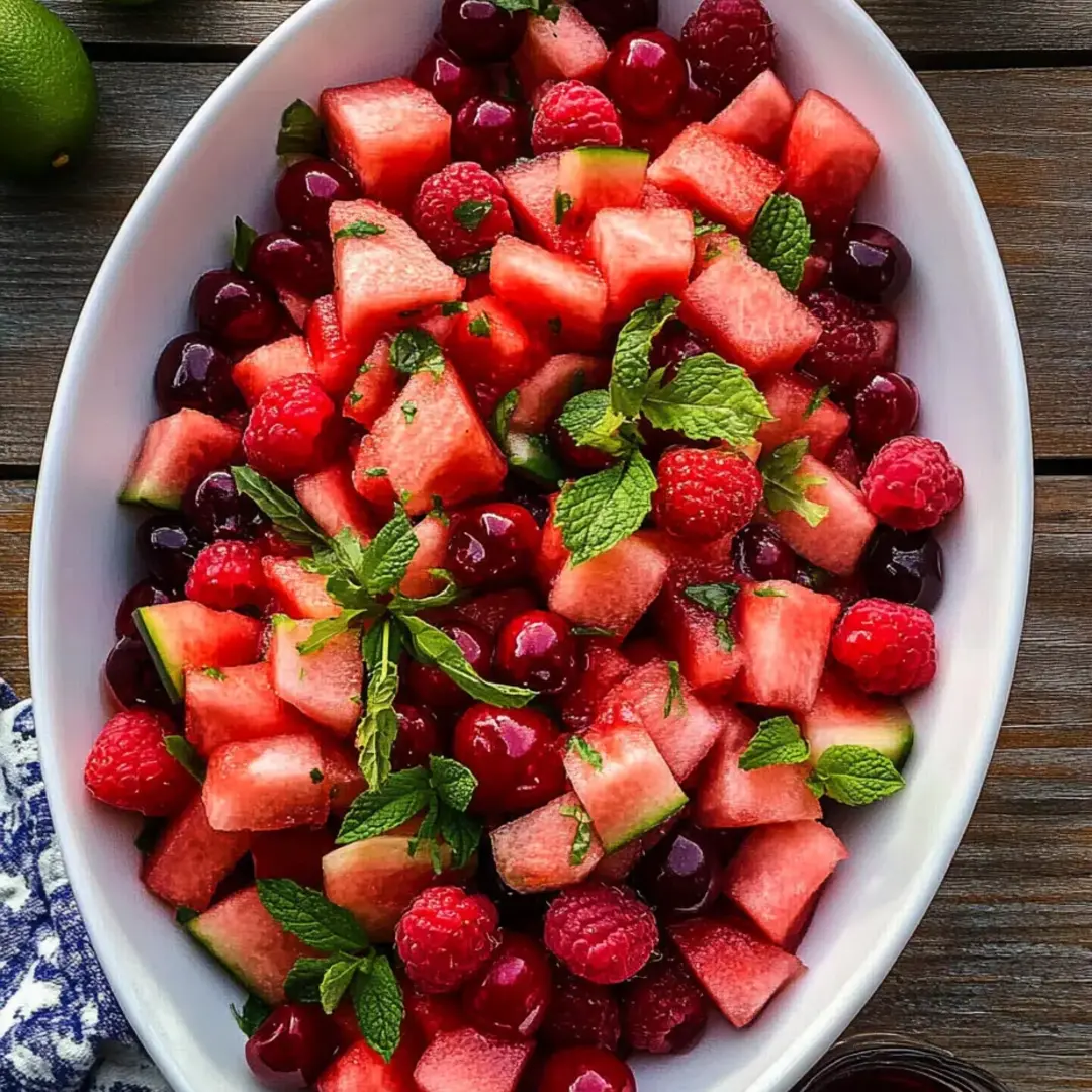 A bowl of fruit with watermelon, raspberries, and limes.