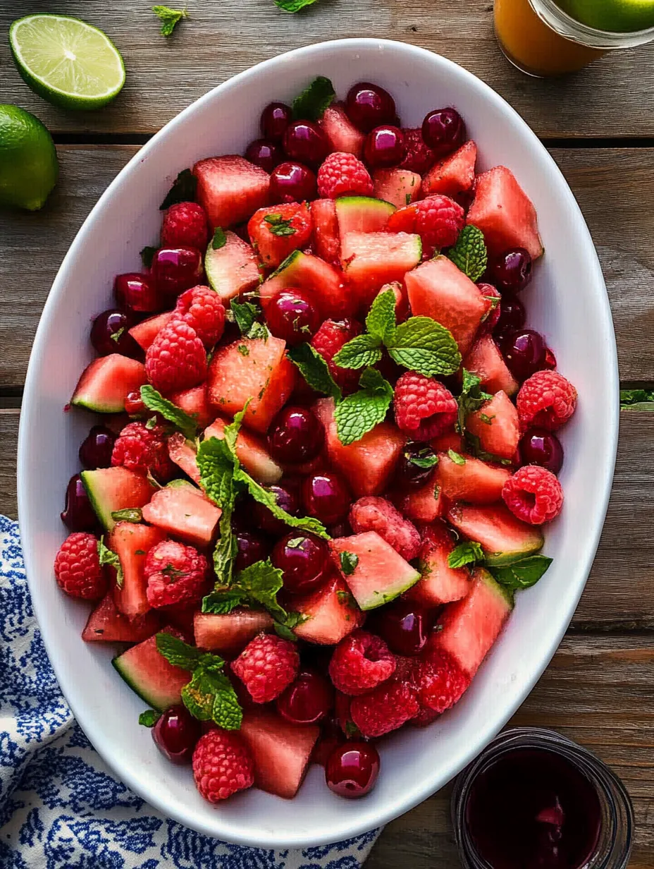 A bowl of fruit with watermelon, raspberries, and limes.