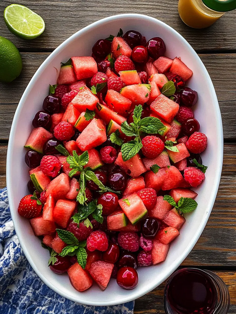 A bowl of watermelon and raspberries with green leaves on top.