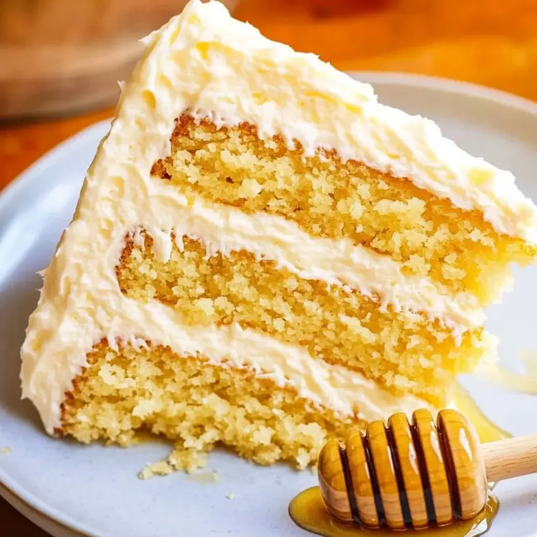 A slice of cake with a honeycomb on a plate.