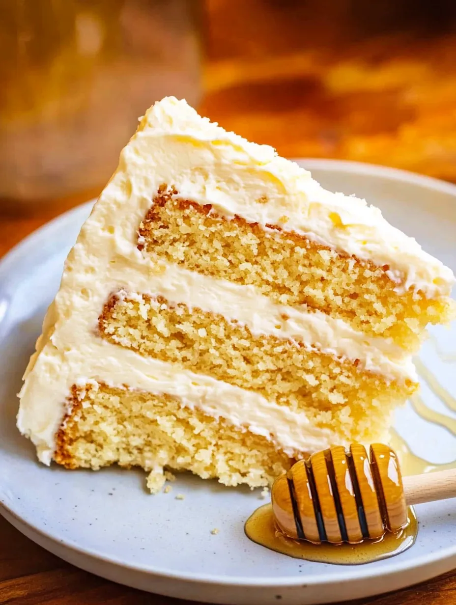 A slice of cake with honey drizzled on top.