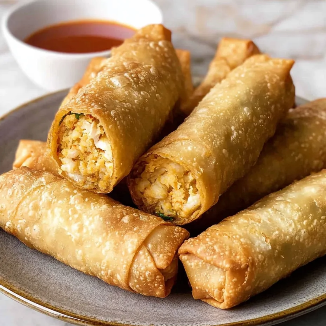 A plate of egg rolls with a bowl of sauce on the side.