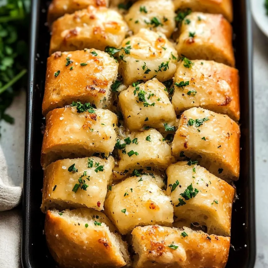 A tray of bread with herbs on top.