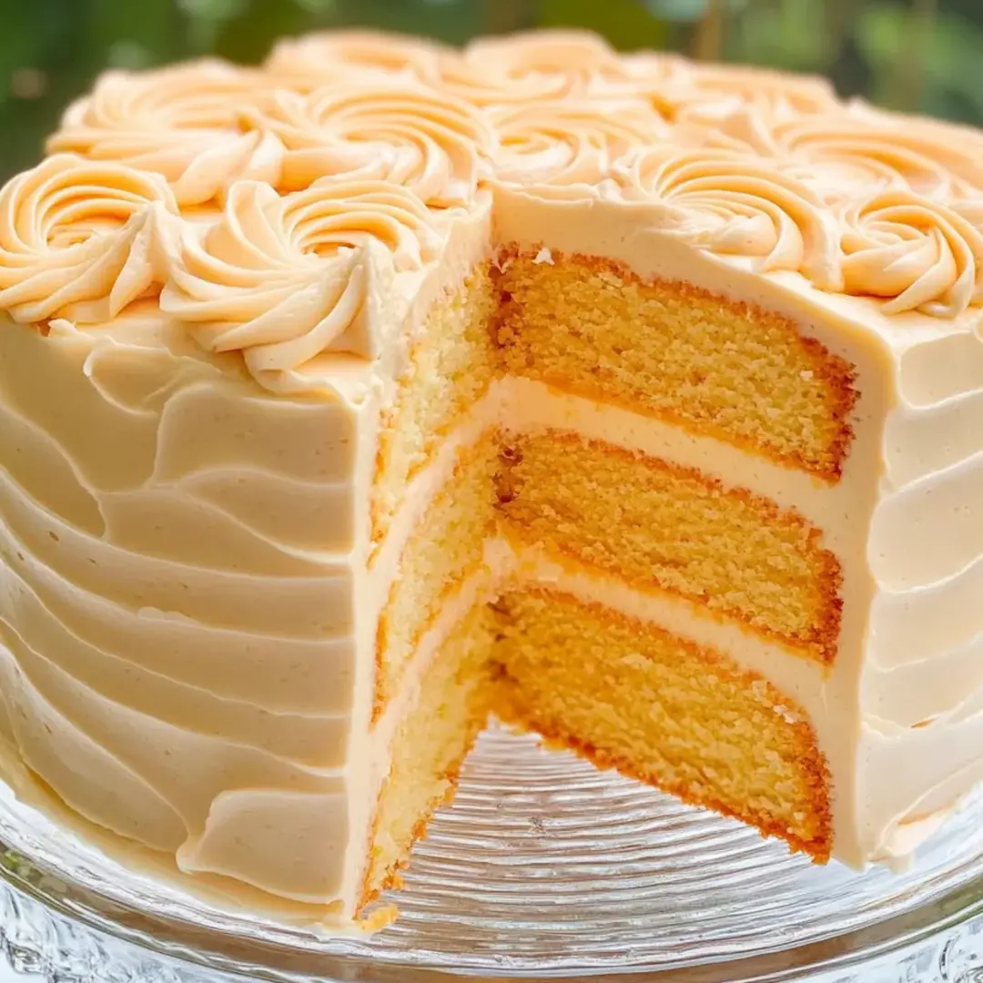 A slice of cake with white frosting on a glass plate.