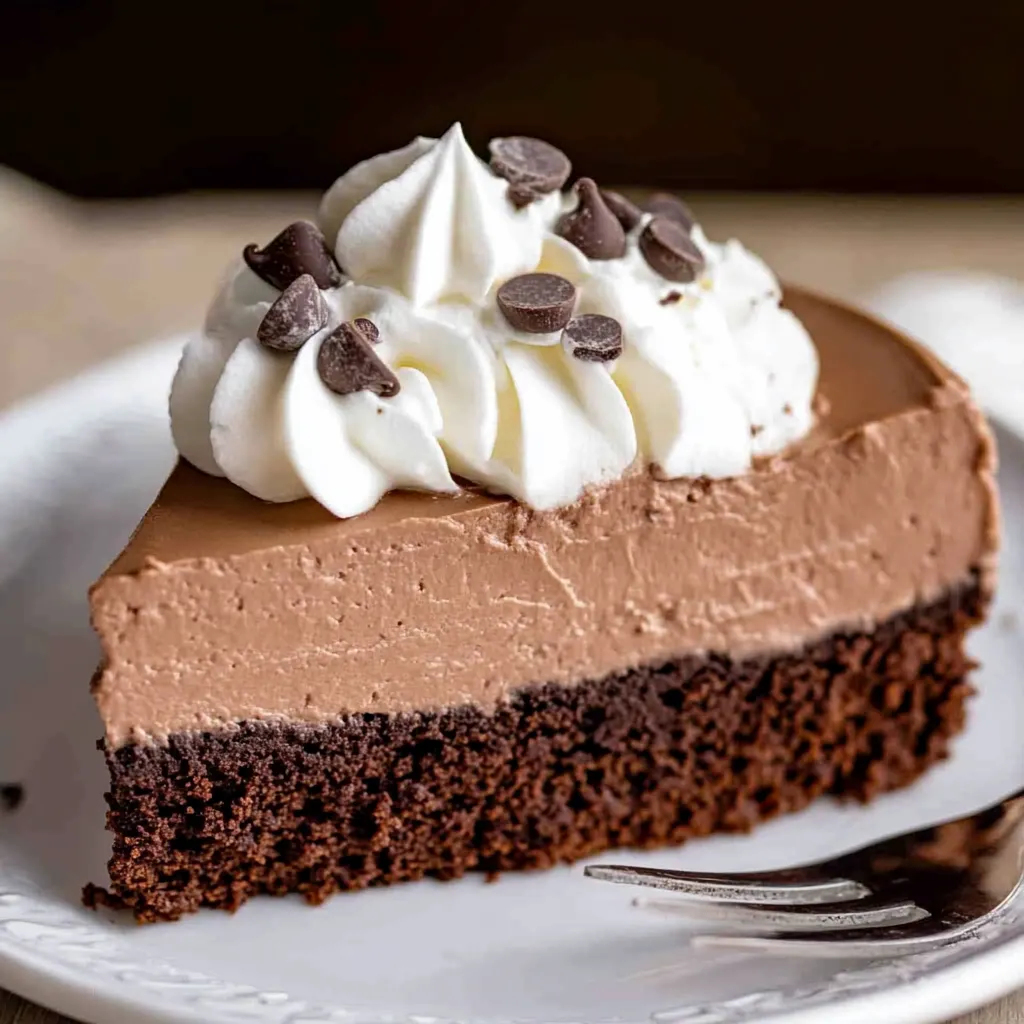 A slice of chocolate cake with white whipped cream on top.