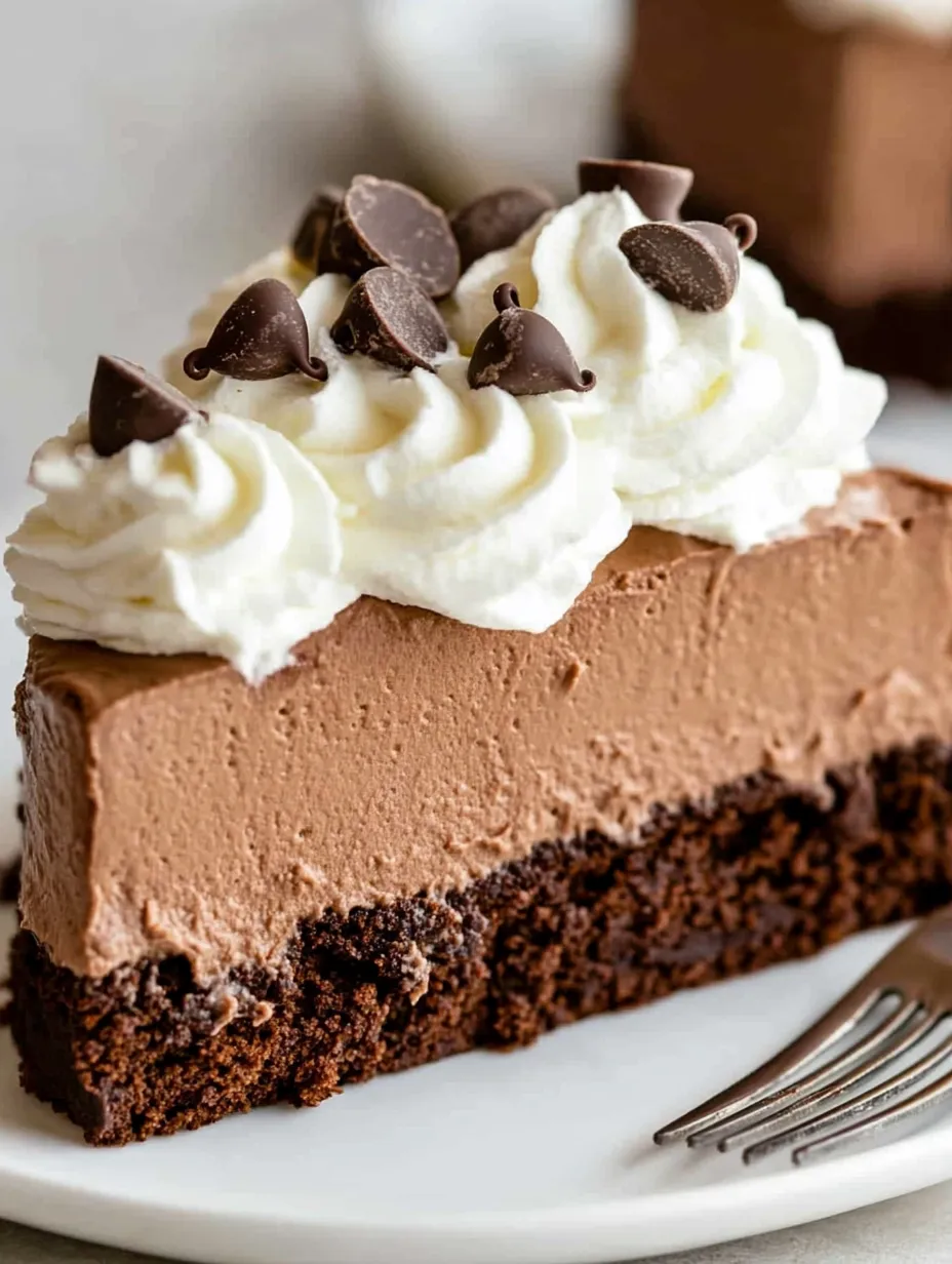 A piece of chocolate cake with white whipped cream on top.