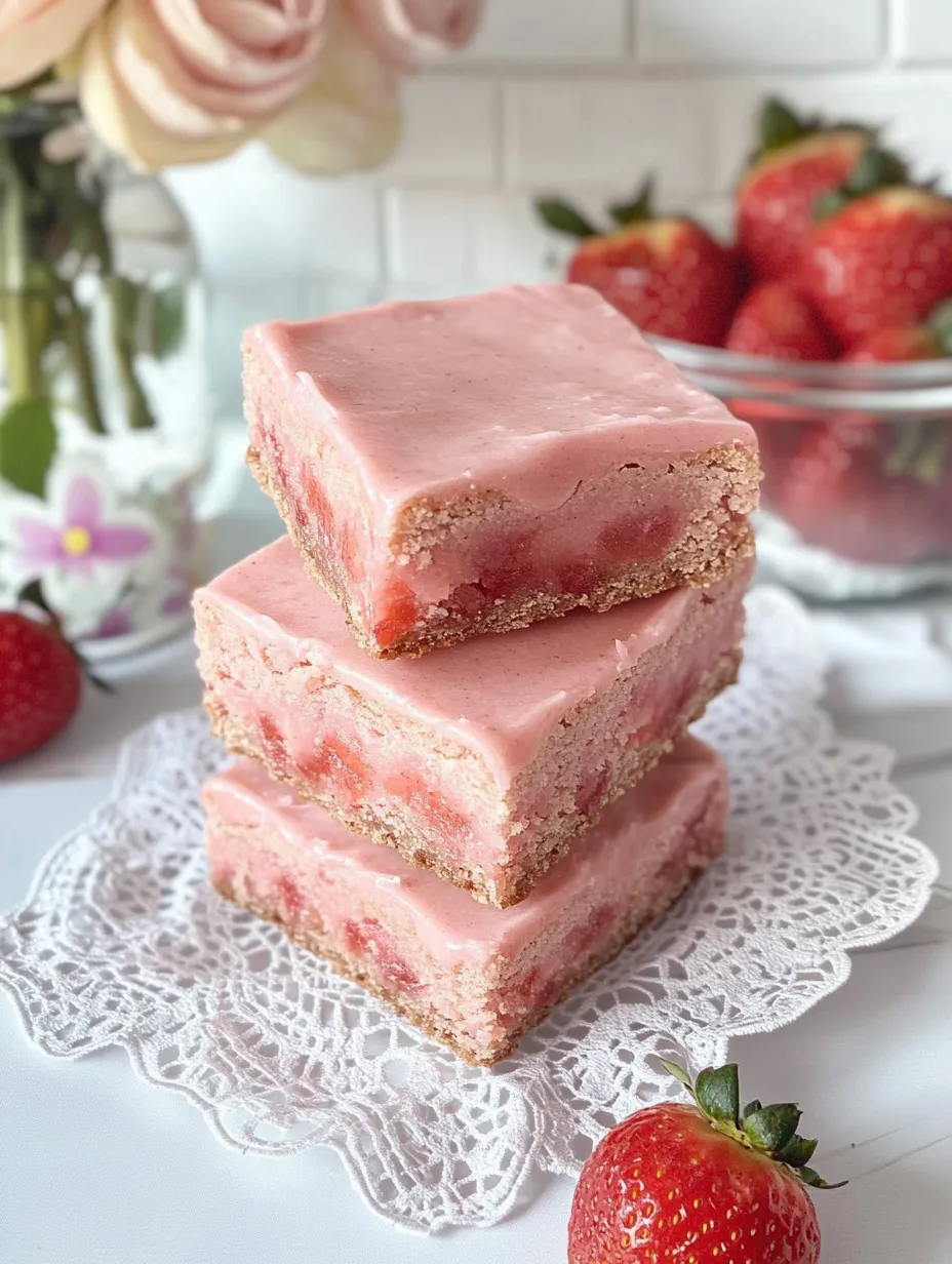 Three pieces of pink cake with strawberries on top.